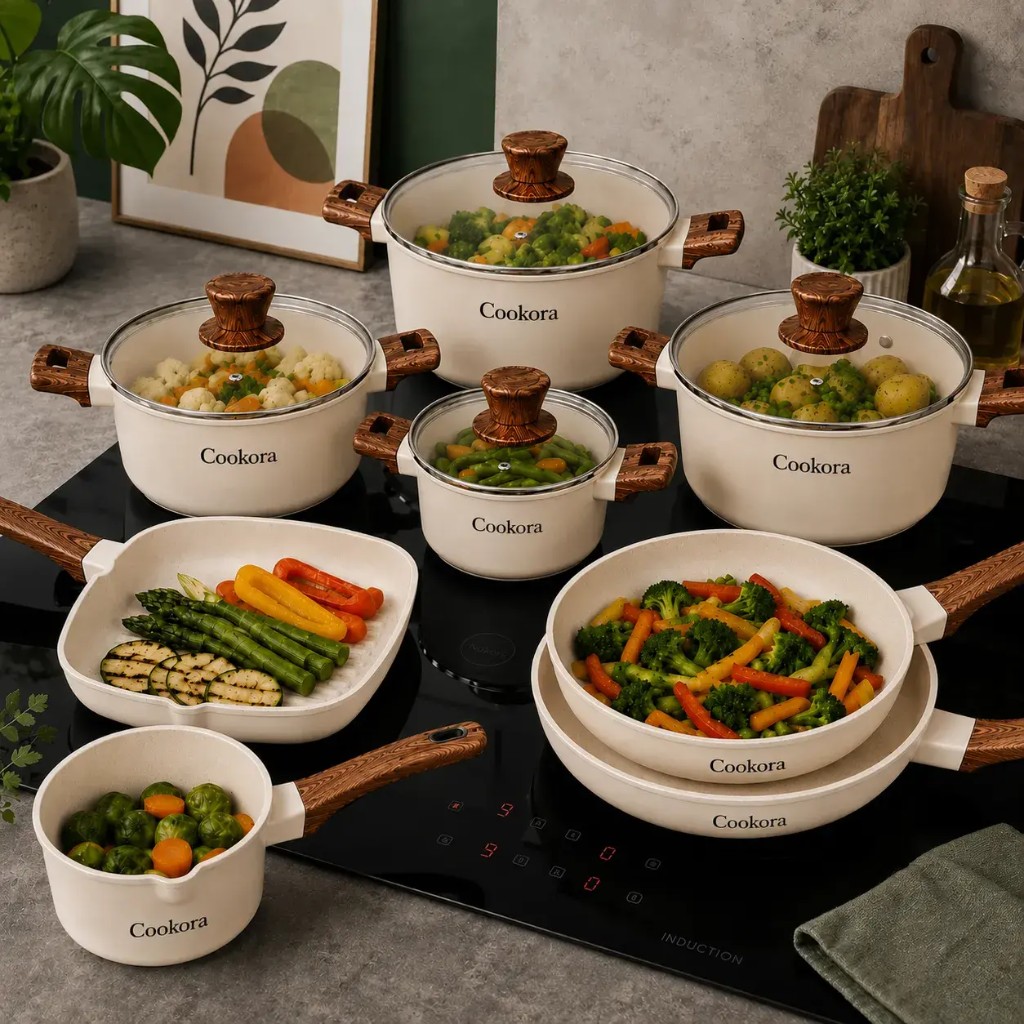 Nádobí Cookora na indukční desce s čerstvou zeleninou