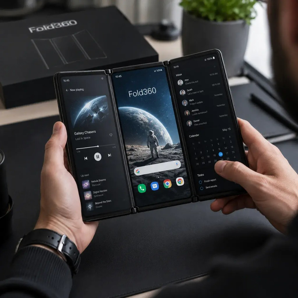 Fold360™ — zložljiv pametni telefon s 3 zasloni v uporabi